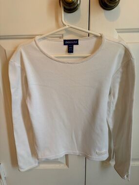 All White Cotton Round Neck Long Sleeve Top with Velvet Trim.